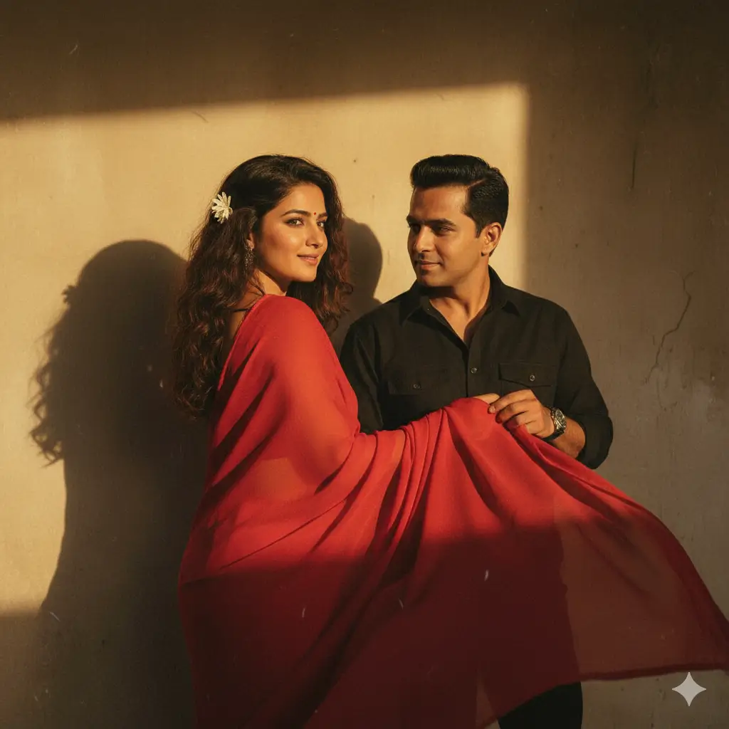 Dev Anand Style with Red Saree Elegance